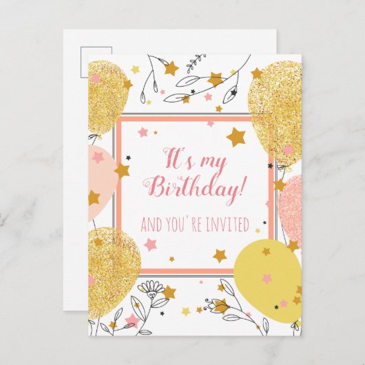 Aangepaste schattige verjaardagsfeestuitnodiging b uitnodiging briefkaart (Voorkant / Achterkant)