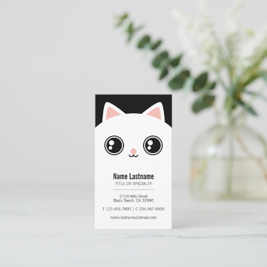 Aangepaste Schattige Wit Kat Gezicht Pet Sitter Sj Visitekaartje (Staand voorkant)