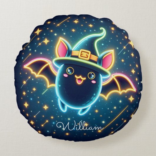 Aangepaste Schattigee Bat Witch's Pet Halloween Nu Rond Kussen (Voorkant)