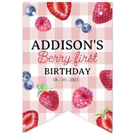 Aangepaste Schattigee Berry Eerste Verjaardag Roze Vlaggetjes (Eerste vlag)
