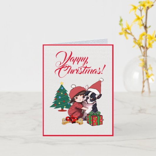 Aangepaste Schattigee Boston Terrier met klein mei Kaart (Gele Bloem)