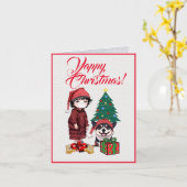 Aangepaste Schattigee Corgi hond met kleine meisje Kaart (Gele Bloem)