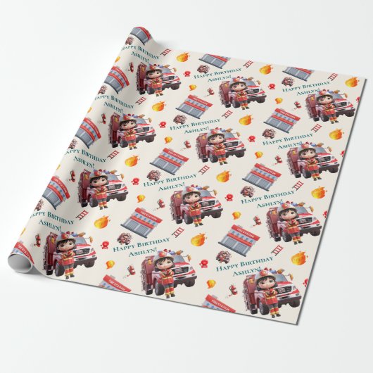 Aangepaste Schattigee Fun 3D Brandweerman Meisjes  Cadeaupapier (Uitgerold)