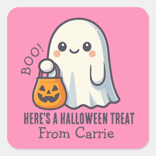Aangepaste Schattigee Ghost met Halloween Snoep Tr Vierkante Sticker (Voorkant)