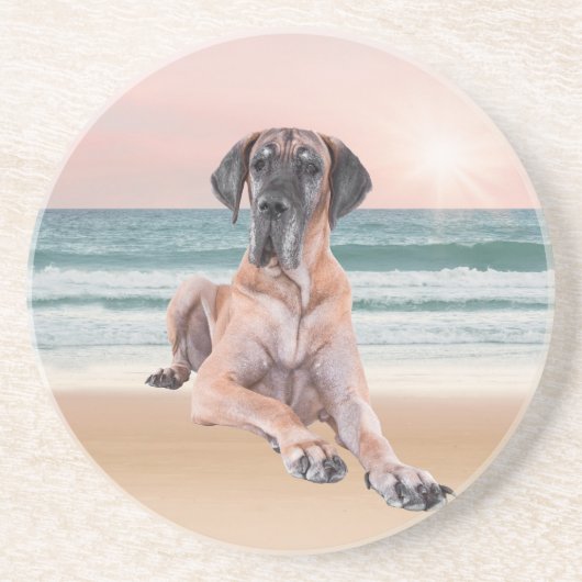 Aangepaste Schattigee Grote Deen Hond Zittend op h Zandsteen Onderzetter (Voorkant)