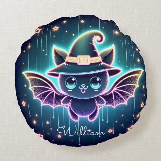 Aangepaste Schattigee Halloween Bat Met Heks Pet N Rond Kussen (Achterkant)