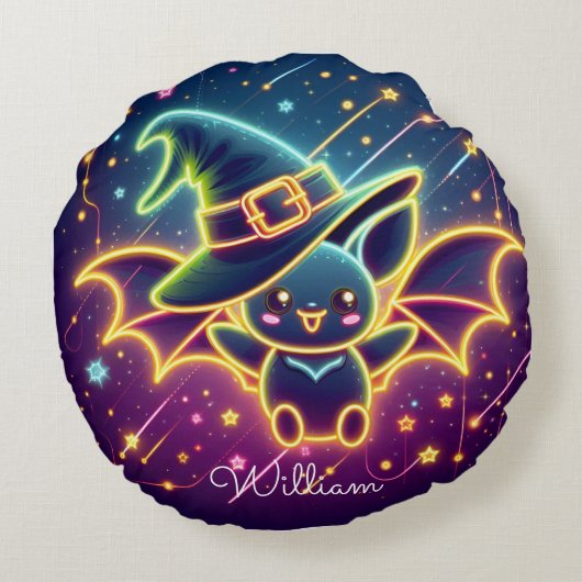 Aangepaste Schattigee Halloween Bat Witch's Pet Nu Rond Kussen (Achterkant)