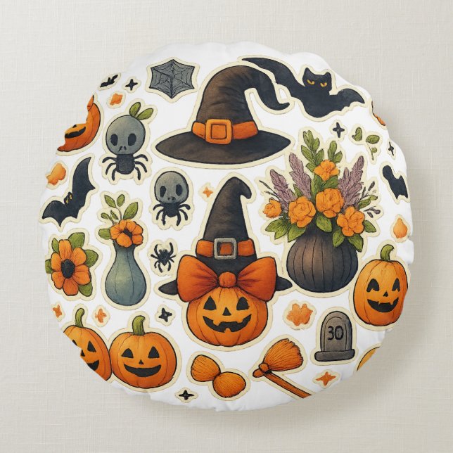 Aangepaste Schattigee Halloween Patroon Ronde Kuss Rond Kussen (Voorkant)