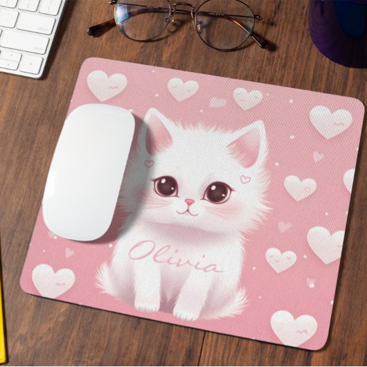 Aangepaste Schattigee Kitten Valentijnsdag Wit Roz Muismat