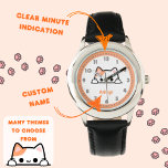 Aangepaste Schattigee Oranje kat Kinder leren om d Horloge<br><div class="desc">Leer kinder om de tijd te vertellen met een vleugje grilligheid met deze gepersonaliseerde Cartoon Cat Kinder Learning Watch! Met een schattige cartoon die over een tafel gluurt, legt dit speelse ontwerp de harten van jonge kattenliefhebbers vast. Het horloge bevat minuut-indicatoren (lijnen voor elke minuut en cijfers elke 5 minuten)...</div>