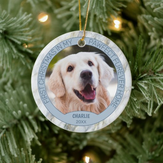 Aangepaste Schattigee puppy foto op chique grijs b Keramisch Ornament (Boom)