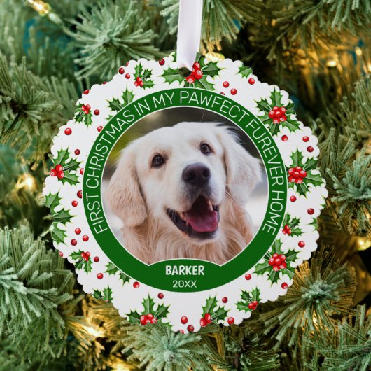 Aangepaste Schattigee puppy foto op groene Holly r Ornament Kaart (Insitu (Drie))