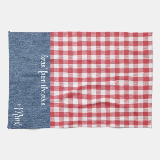 Aangepaste Schattigee rood & wit check blauw denim Theedoek (Horizontaal)