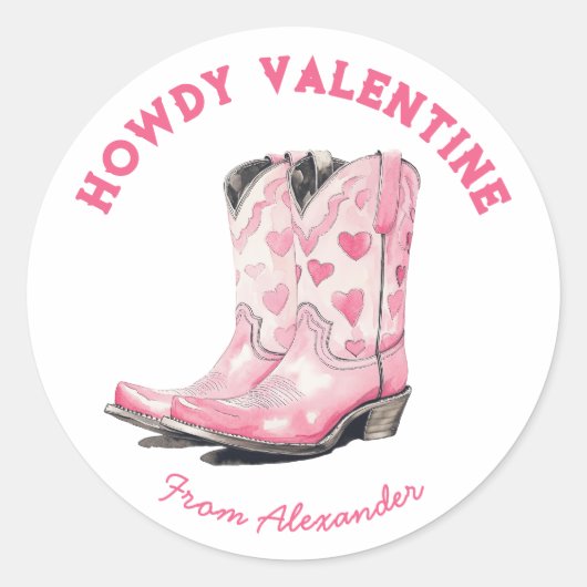 Aangepaste Schattigee Roze Cowboy Boot Howdy Valen Ronde Sticker (Voorkant)