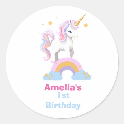 Aangepaste Schattigee Waterverf Regenboog Eenhoorn Ronde Sticker (Voorkant)