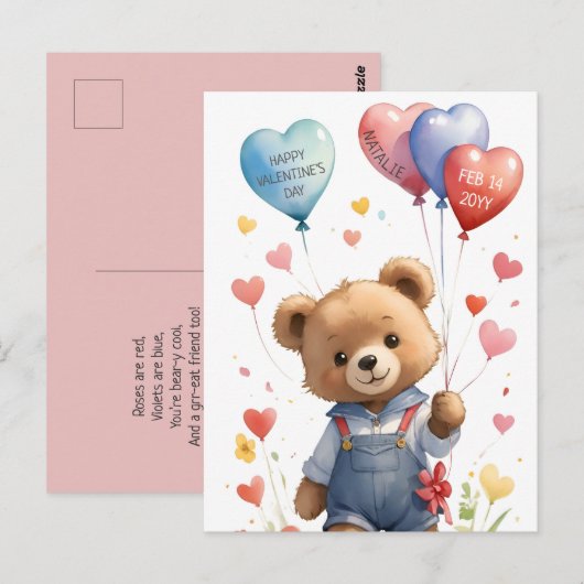 Aangepaste Schattigee Waterverf Teddy Bear Valenti Briefkaart (Voorkant / Achterkant)