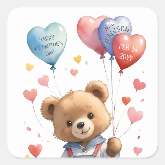 Aangepaste Schattigee Waterverf Teddy Bear Valenti Vierkante Sticker (Voorkant)