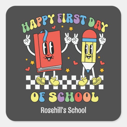 Aangepaste schoolnaam Retro Terug naar school Vierkante Sticker (Voorkant)