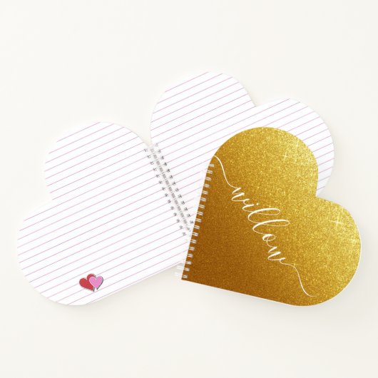 Aangepaste scripthandtekening Gold Glitter Heart V Notitieboek (Binnen)