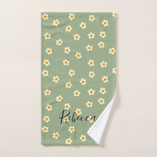 Aangepaste scriptnaam Cute Daisies Pattern Groen Bad Handdoek (Handdoek)