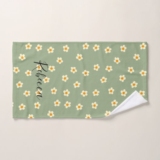 Aangepaste scriptnaam Cute Daisies Pattern Groen Bad Handdoek (Handdoek)