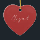 Aangepaste scriptnaam Rood & Wit Keramisch Ornament<br><div class="desc">Script naam Simple Heart Ornament. Jaar op de rug. Red en White.</div>