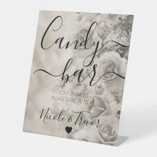 Aangepaste Sepia Vintage Bloemen Calligrafie Snoep Reclamebord Met Voetstuk