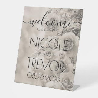 Aangepaste Sepia Vintage Bloemen Welkom Bruiloft Reclamebord Met Voetstuk
