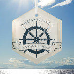 Aangepaste serie cruiseschip keepomwille Nautical Glas Ornament<br><div class="desc">Chic custom zomervakantie kerstversiering cadeau voor je strandcruise op de oceaan met een blauw stuurwiel van de marine. Dit nautische ontwerp is ideaal voor klasachtige,  overeenkomende familieherenigingskeepsakes om de speciale reis te herdenken. Pas uw achternaam en jaar aan.</div>