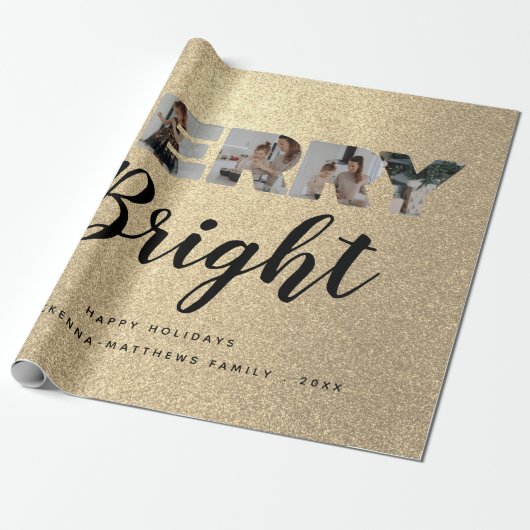 Aangepaste serie Foto Collage Gold Glitter Kerstmi Cadeaupapier (Uitgerold)