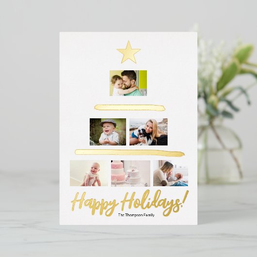 Aangepaste serie Photo Collage Tree Star Folie Feestdagenkaart (Staand Voorkant)