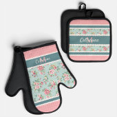 Aangepaste Shabby Chic roze rozen op witte poolpun Ovenwant & Pannenlap Set