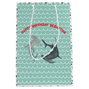 Aangepaste Shark Gift Bag Aqua en witte oceaango Medium Cadeauzakje