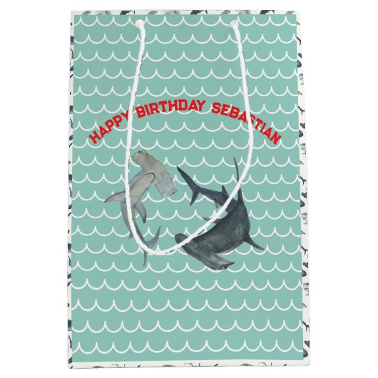 Aangepaste Shark Gift Bag | Aqua en witte oceaango Medium Cadeauzakje (Voorkant)