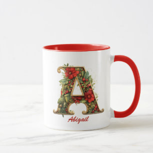 Aangepaste Sierlijke Monogram A Kerstmis Rood Goud Mok