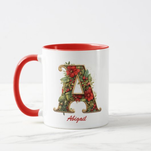 Aangepaste Sierlijke Monogram A Kerstmis Rood Goud Mok (Links)
