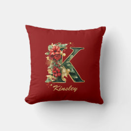 Aangepaste Sierlijke Monogram K Kerst Rood Goud Kussen