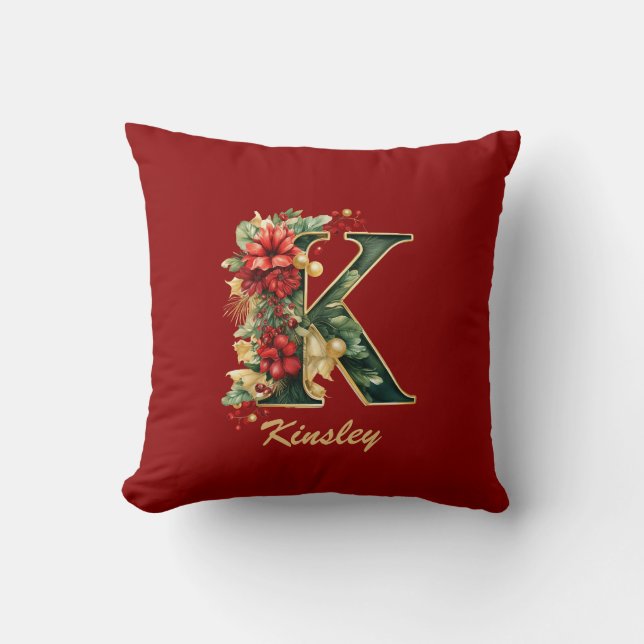 Aangepaste Sierlijke Monogram K Kerst Rood Goud Kussen (Voorkant)