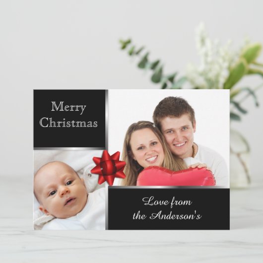 Aangepaste Silver- en Black Photo Elegant Feestdagenkaart (Staand voorkant)