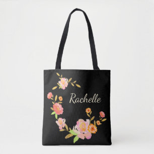 Aangepaste Sinaasappel- en roze blokmonogram Canva Tote Bag