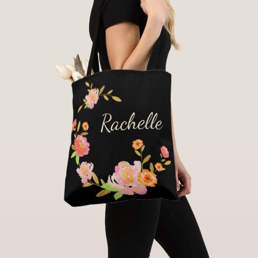 Aangepaste Sinaasappel- en roze blokmonogram Canva Tote Bag (Dichtbij)