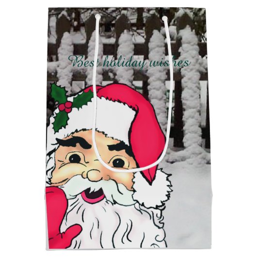 Aangepaste Sinterklaas op een sneeuw piket hek Medium Cadeauzakje (Achterkant)