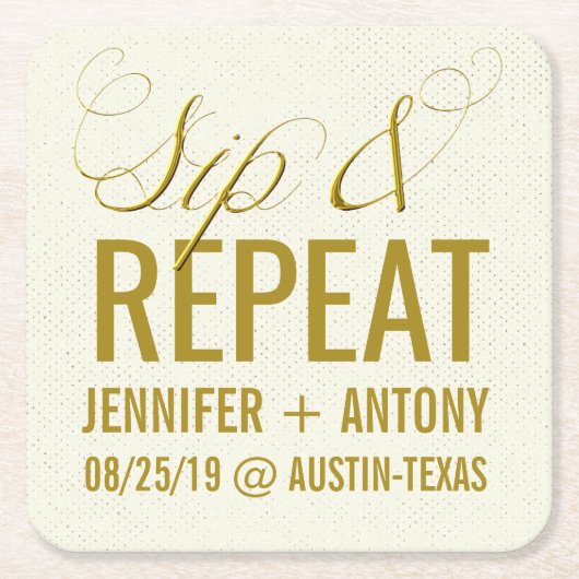 Aangepaste 'Sip & Repeat'-bruiloft Kartonnen Onderzetters (Voorkant)