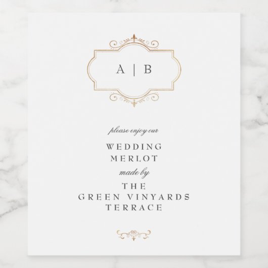 Aangepaste sjabloon gouden kuif monogram bruiloft wijn etiket (Enkel label)