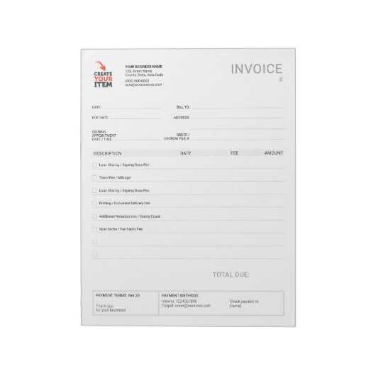 Aangepaste sjabloon voor factuur voor mobiele nota notitieblok (Linkerzijde)