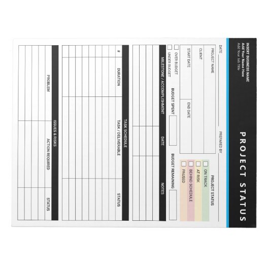 Aangepaste sjabloon voor projectstatusrapport Note Notitieblok (Voorkant)