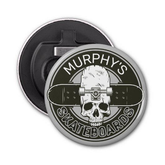 Aangepaste SkaterNAAM Skull Skateboarden Schaats Button Flesopener (Voorkant)