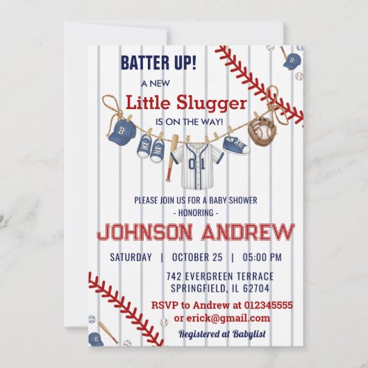 Aangepaste slagbeurt honkbal baby shower kaart (Voorkant)