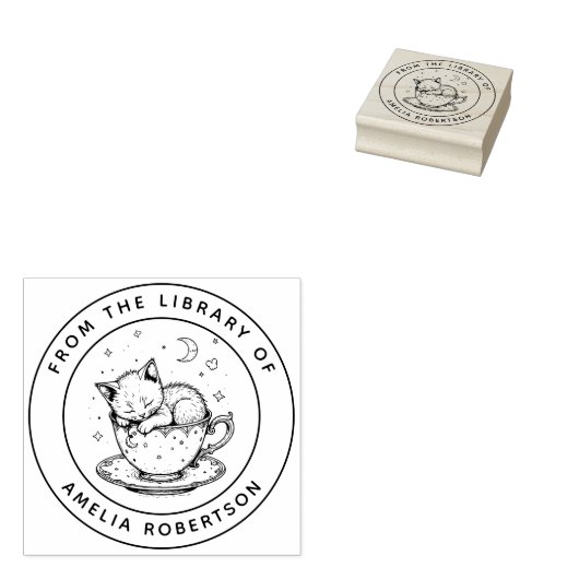 Aangepaste Sleeping Kitten in een Teacup Bookplate Rubberstempel (Gestempeld)