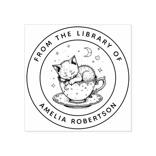 Aangepaste Sleeping Kitten in een Teacup Bookplate Rubberstempel (Afrduk)